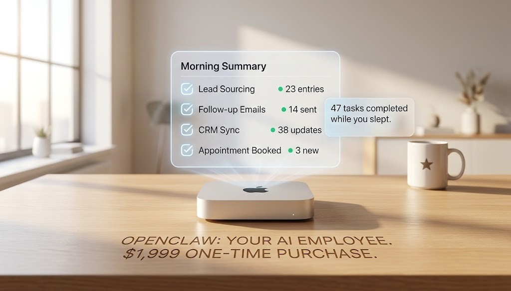 Mac Mini on a desk displaying a Morning Summary of 47 tasks completed overnight — lead sourcing, follow-up emails, CRM sync, and appointments booked
